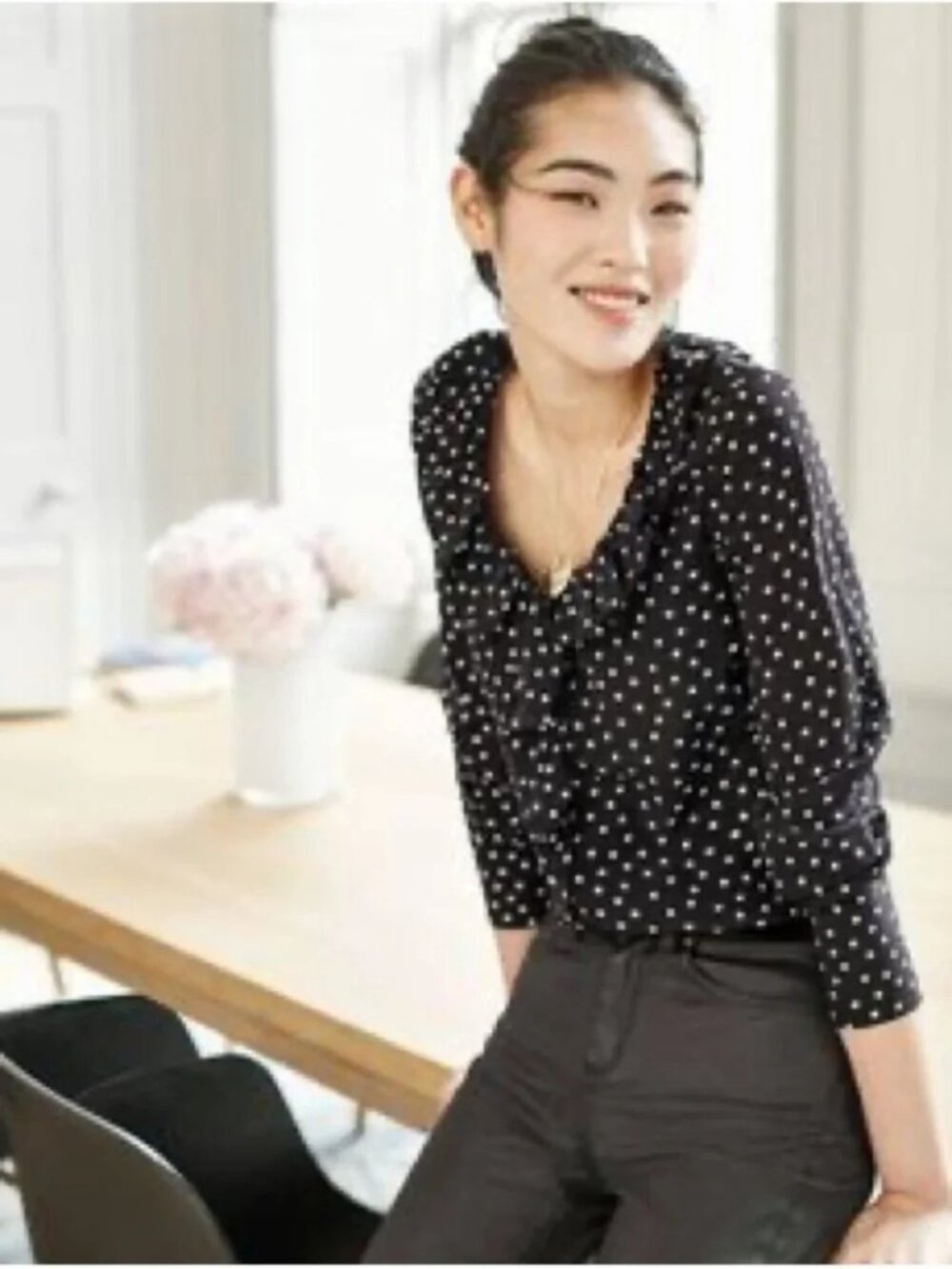 Boden 100% Silk Polka Dot Ruffle Blouse Black Cream Long Sleeve US 8 UK 12